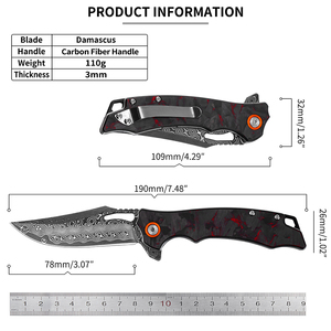 Couteau de poche pliant tactique de survie en acier Damas avec manche en fibre de carbone, certifié BSCI, idéal pour le camping et l'EDC - Product Image 2