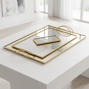 Plateaux en verre avec cadre en laiton moderne, design géométrique, multifonctionnels, abstraits - Product Image 1