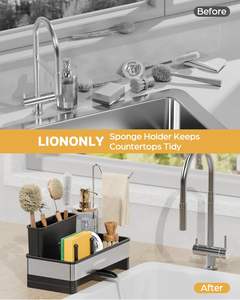 Porte-éponge pour évier de cuisine avec plateau de <span class=keywords><strong>vidange</strong></span> automatique avec porte-brosse à serviettes pour accessoires de stockage de distributeur de savon de comptoir - Product Image 5