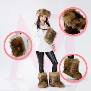 wholesale colorful faux and real fluffy big long tall fox fur boots sets matching with purse bags headband for ladies women