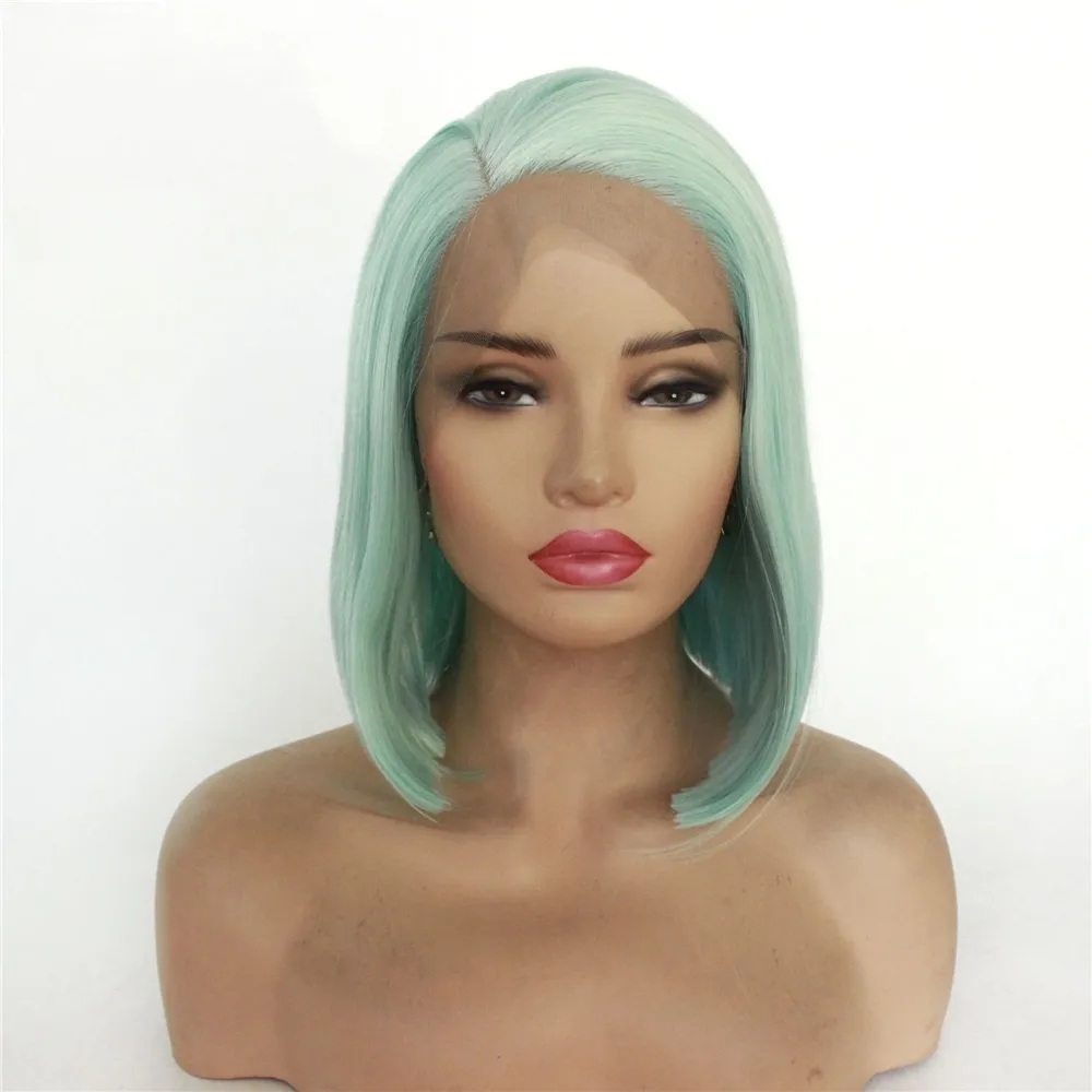 مستقيم قصير بوب الأخضر الأزرق الدانتيل شعر مستعار اصطناعي ، امرأة اليومية استخدام شعر مستعار اصطناعي