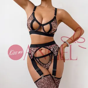 sexy hot bra and panty set KISS ME ANGEL OEM new sexy leopard print fun gauze perspective shapewear four sets sexy lingerie