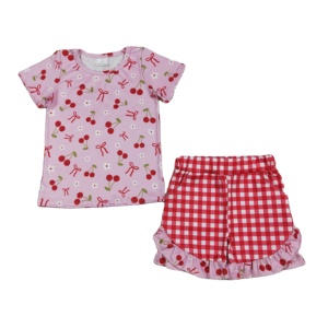 ชุดเสื้อผ้าเด็กผู้หญิงลายดอกเชอร์รี่ประดับโบว์ระบายผ้าฝ้าย 95% สแปนเด็กซ์ 5% สำหรับฤดูร้อน RTS รุ่นใหม่ - Product Image 1