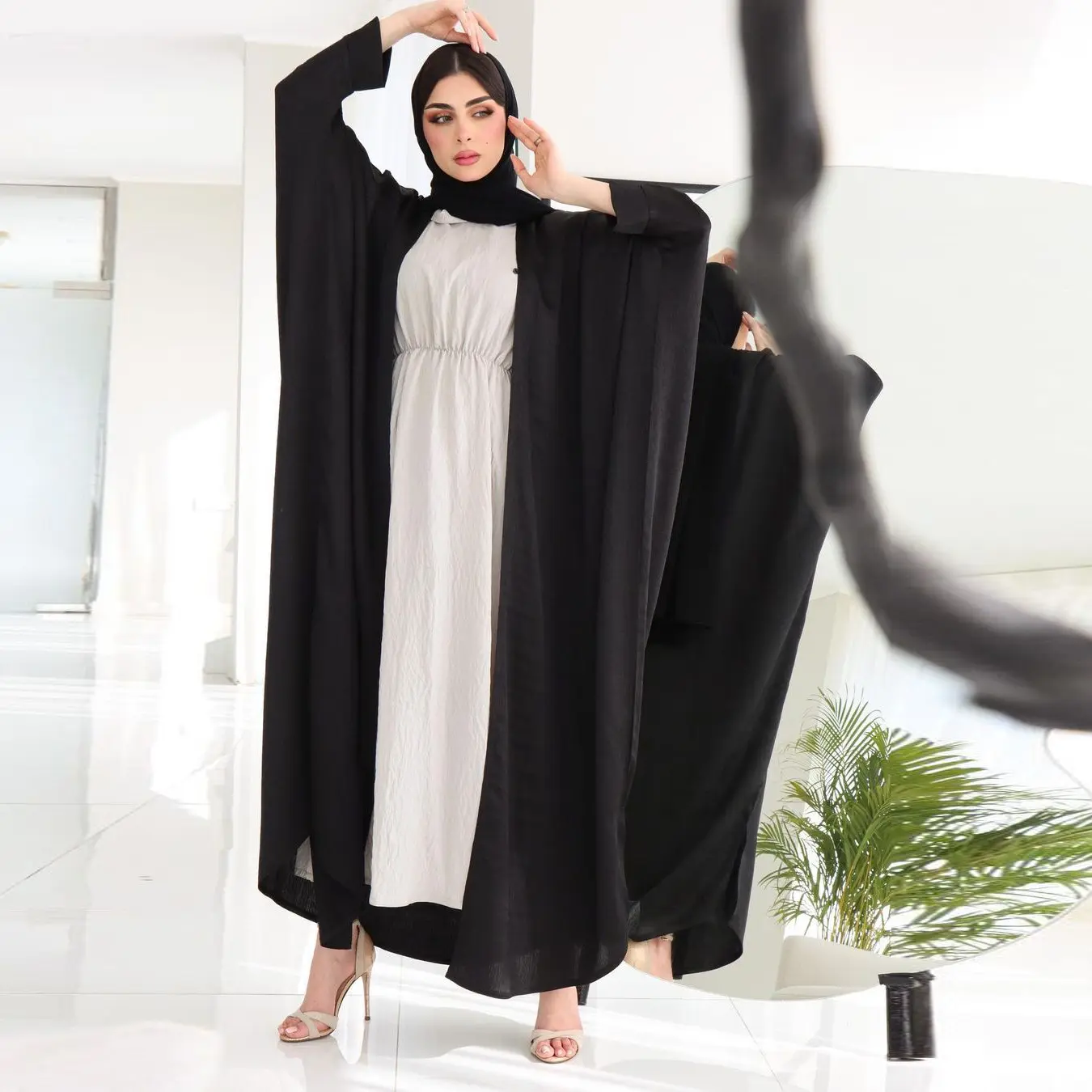 3422 Kuwii yeni Abaya Burqa Khaleeji açık Abaya siyah renk kadınlar için Dubai müslüman moda tasarım Kimono 2024