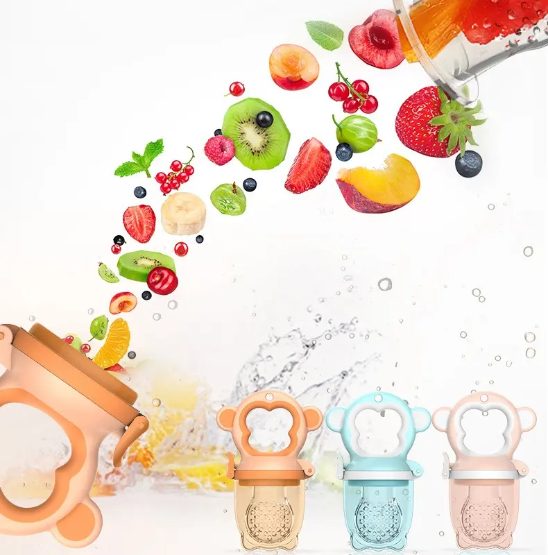 Alimentador de alimentos de silicona para niños en stock de almacén con mango de mono, juego de destete de frutas y verduras para bebés