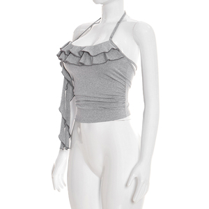 เสื้อกล้ามครอป Viviblook รุ่น C26TP052 สำหรับฤดูร้อน ดีไซน์ใหม่สำหรับผู้หญิง สีพื้น แต่งระบายขอบ ทรงเข้ารูป สั้นแบบผูกคอ - Product Image 4