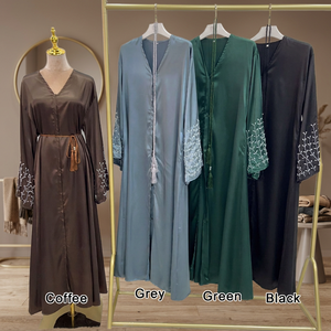 Women Solid Color V-Neck Long Sleeve Abaya Floor Length Modest <b>Dress</b> With Embroidery Silk Material Daily Wear Middle East Style - Product Image 3