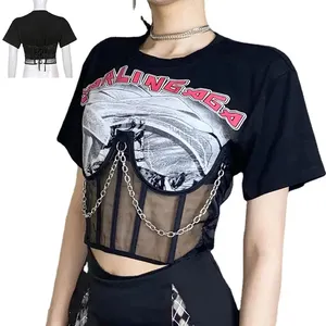 Crop Top Shirts Sexy Crop Top Corset Chain Tshirt Print Fashion Street Girls For Women Black Casual Knitted Women's T-shirt Gym