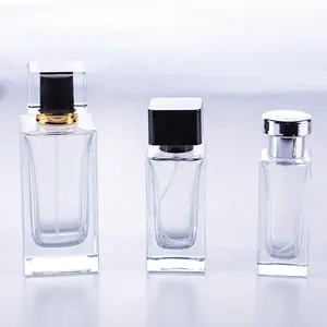 最近人気のフラットショルダークリンプスプレーネック50ml空の正方形のガラス瓶香水包装