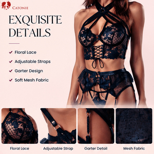 Ensemble de lingerie sexy en dentelle bleue pour <span class=keywords><strong>femme</strong></span>, soutien-gorge, culotte, <span class=keywords><strong>porte</strong></span>-jarretelles, sous-vêtements à lanières, push-up, vêtements intimes - Product Image 2