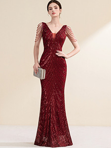 Robe <span class=keywords><strong>de</strong></span> soirée Femme Tempérament Socialite High Sense Company Réunion annuelle Hôte Banquet Party Floor-Length Ball Gown Deep V - Product Image 5