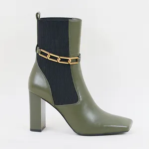 绿色女性西部切尔西靴子厚实高跟鞋方形鞋头防滑高跟鞋2023大腿高皮踝靴带链
