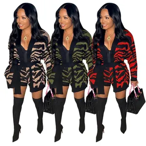 Fall winter knit leopard two pieces short set with sweater cardigan coat jacket and sweater short