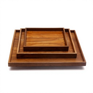 Plateaux carrés avec poignées pour le thé, le petit-déjeuner, les collations, plateau décoratif en bois rustique, plateau de service en bois de sheesham et de noyer, ensemble de plateaux en bois d'acacia - Product Image 1