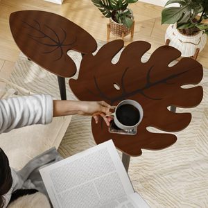 Moderni tavoli da nidificazione <span class=keywords><strong>in</strong></span> <span class=keywords><strong>legno</strong></span> Set 2 Monstera foglia vena modello piccoli tavolini da caffè <span class=keywords><strong>per</strong></span> soggiorno camera da letto o <span class=keywords><strong>balcone</strong></span> cortile - Product Image 4