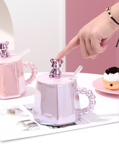 Mug à café en céramique en forme d'ours, électroplaqué, pour petit-déjeuner, lait, cappuccino, avec couvercle - Product Image 3
