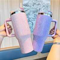 Thermos de voiture 40oz haut de gamme, incrusté de diamants, avec poignée, grande capacité, résistant à la glace, en acier inoxydable, isolé sous vide, avec paille