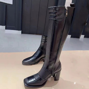Bottines classiques à talons hauts et épais, coutures sur le devant, fermeture éclair latérale, chaussures pour femmes, bout carré, bottes hautes jusqu'au genou - Product Image 6