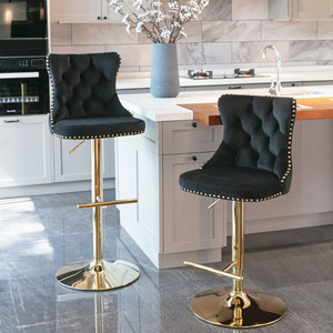 Modern Black <strong>Bar</strong> <strong>Stools</strong> <strong>Set</strong> <strong>of</strong> <strong>2</strong> Comfortable Tufted Gold Base Upholstered Back for Home Pub Kitchen Island Outdoor Hotel Use - Product Image 1