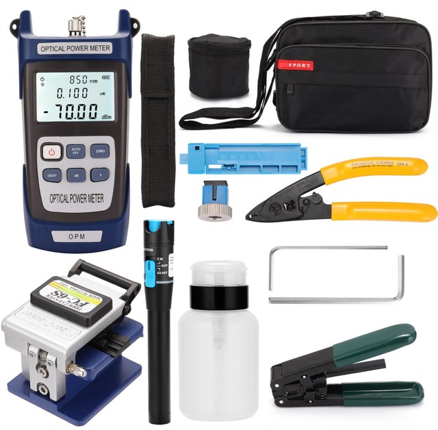 HONGSHENG Black 12 1 FTTH Assembly Herramientas Optical Fiber Tool Kit FC-6S Cable Stripper Optical Power Meter VFL Kevlar