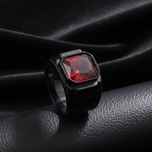 Anillo de Sello de Acero Inoxidable con Gema Roja Natural para Hombre, Chapado en Negro, Texturas Contrastantes, Estilo Atrevido, Oscuro, Rebelde, Motero, Punk - Product Image 1
