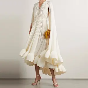 Avustralya trendy tasarım ve kişiselleştirilmiş uzun elbise kadın yaz yeni v yaka pelerin karıştırdı kenarları ve ince kemer