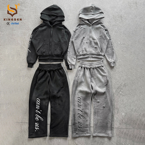 Men's Distressed Gothic Letter Print 2 Piece Hoodie <b>Set</b> Zip up Hooded Sweatshirt and Wide Leg Pants Streetwear Casual Outfit - Product Image 1