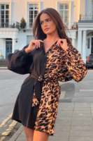 Fabricants de vêtements pour femmes couleur personnalisée bloc col rabattu imprimé léopard manches longues deux tons dames mini robe courte