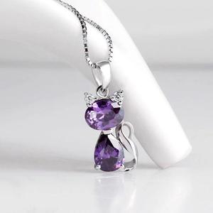 Kalung liontin kucing Zirconia kubik ungu hewan lucu mode perhiasan baja tahan karat tahan air untuk wanita anak perempuan - Product Image 4