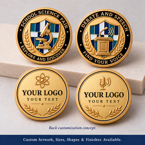 Moneda de desafío de metal chapada en oro personalizada, medalla redonda troquelada con logotipo para premio de feria científica escolar, OEM ODM - Product Image 1