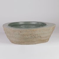 Évier en pierre naturelle haut de gamme, plateau en pierre massif, fait main, gris, poli à l'intérieur, naturel à l'extérieur, lavabo