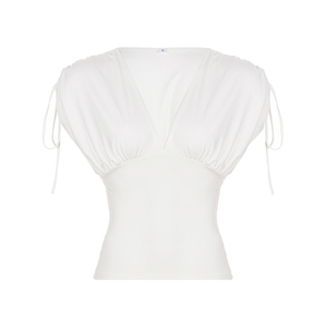 Chemisier Confortable Décontracté à Col en V avec Taille Cordonnée Amincissante, Coupe Droite Unie, Haut Tricoté Respirant d'Été pour Femme - Product Image 6