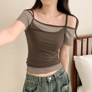 Conjunto de Dos Piezas para Mujer, Estilo Vintage, con Rayas y Parches, Camiseta con Hombros Descubiertos, Diseño en Capas, Bloques de Color, Corte Ajustado, Sexy, Ropa Urbana, Top de Verano - Product Image 4