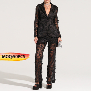 Oem Custom Clothing Manufacturer Black Beading Embroidery <strong>Sheer</strong> Blazer <strong>Jacket</strong> + Wide Leg Pants Trousers Coord 2 Piece Set Women - Product Image 1