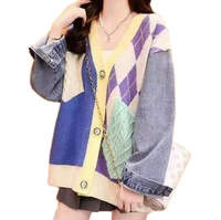 Femmes automne hiver Cardigan lâche tricots Denim tissu Offre Spéciale en gros couleur bonbon bouton Jacquard imprimé Long pull