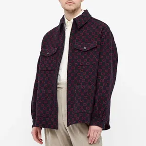 Custom fashion designer men zip up over shirt jaket trucker check jacquard wool polo jackets for men