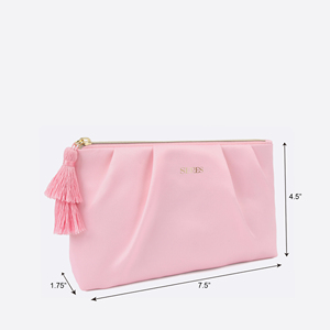 Custom <b>Pink</b> Satin Cosmetic Pouch with Gold Foil Logo and Double Tassel for Bridesmaid Gifts and Travel Makeup Storage - Product Image 2