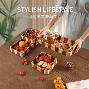 Acacia Wood <b>Tray</b> Checkerboard Pattern Rectangle 30x15cm Serving Plate For Food Fruit Drink Coffee <b>Tea</b> Home Use - Product Image 3