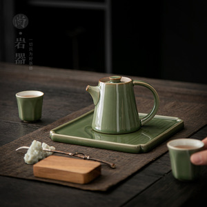 Bamboo Green Glaze Teapot <b>Set</b> With Two Cups And Tray Simple Style Pottery <b>Tea</b> Brewing System For Hotels And Guesthouses - Product Image 1
