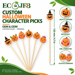 Piques alimentaires en bambou d'Halloween de 4,7 pouces avec de jolis personnages de citrouille et de hibou pour les fêtes d'enfants, les anniversaires, la vente en gros, la personnalisation OEM, l'approvisionnement B2B - Product Image 1