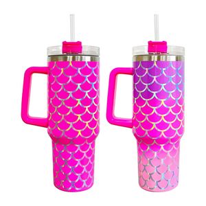 Multi Colors USA Warehouse Wholesale <b>40oz</b> Holographic Mermaid Scales Stainless Steel <b>Tumbler</b> <b>with</b> <b>Handle</b> and Straw - Product Image 3