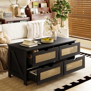 Mesa de Centro de Madera Rústica con Ratán Negro y Cuatro Cajones, Mesa de Cóctel Moderna, Mesa de Almacenamiento para Sala de Estar - Product Image 1