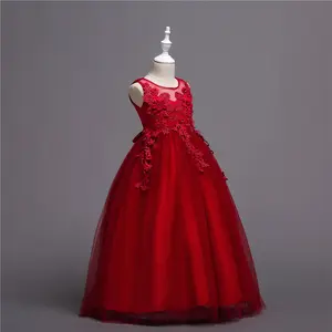 Wholesale girls evening dress embroidered round neck kids dress princess red elegant long style 10 years girl dresses