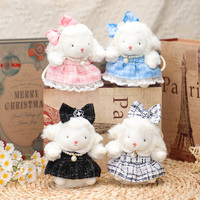 Porte-clés mignon en peluche douce de mouton blanc avec nœud en tweed bleu et perle, breloque de sac, accessoire de mode unisexe, cadeau, 12 cm, coton PP, pour fête