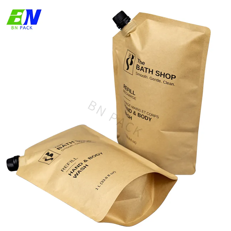 1L Hand and Body Wash Spout Pouch Recyclable Kraft Paper Packaging Pouch Custom Printing Liquid Spout Pouch for personal care