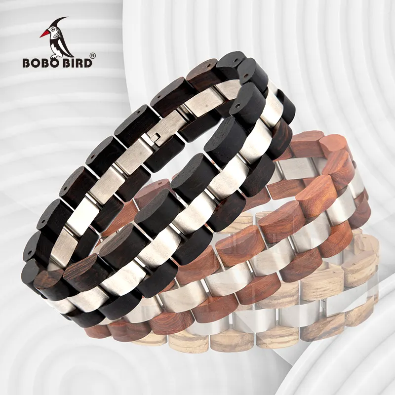 BOBO BIRD gelang jam tangan kayu dan baja Label pribadi OEM buatan tangan wanita gelang klip logam 22mm untuk perhiasan dan pernikahan