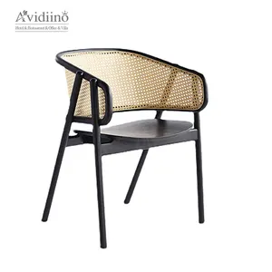 modern elegant luxury Antique design vintage hotel dining chair back Ash bench solid wooden cane armchair with rattan seat