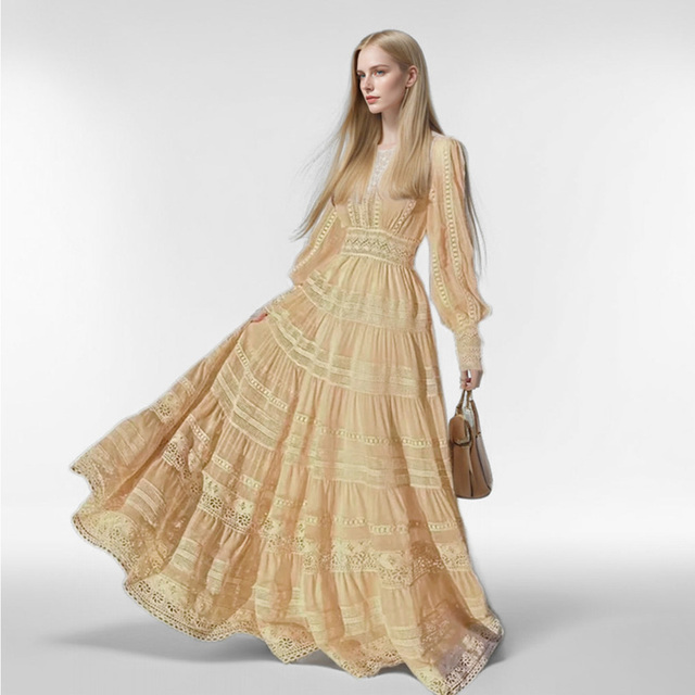 Vintage Chic Ivory Bohemian Lace Dresses Long Sleeve Boho Maxi Beach Dress