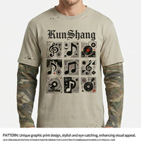T-shirt Homme Streetwear Personnalisé avec Logo Graphique Camouflage 2-en-1 Superposé, Coton Lourd, Manches Longues, Effet Usé et Délavé
