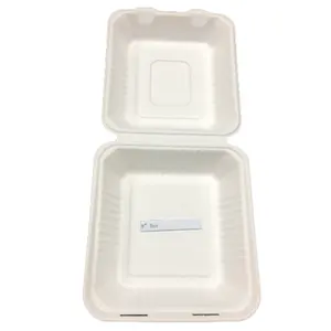 Kotak Bagasse Sugarcane Biodegradable bersertifikat wadah makanan USA Eropa Clamshell kemasan Bento-8X8 inci